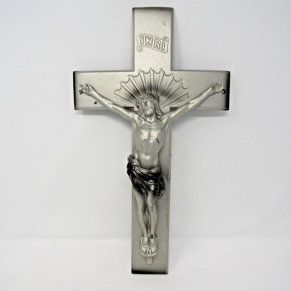 Antique Casket Crucifix Heavy Metal 9" x 16" Christian Cross 1922 Funeral Jesus
